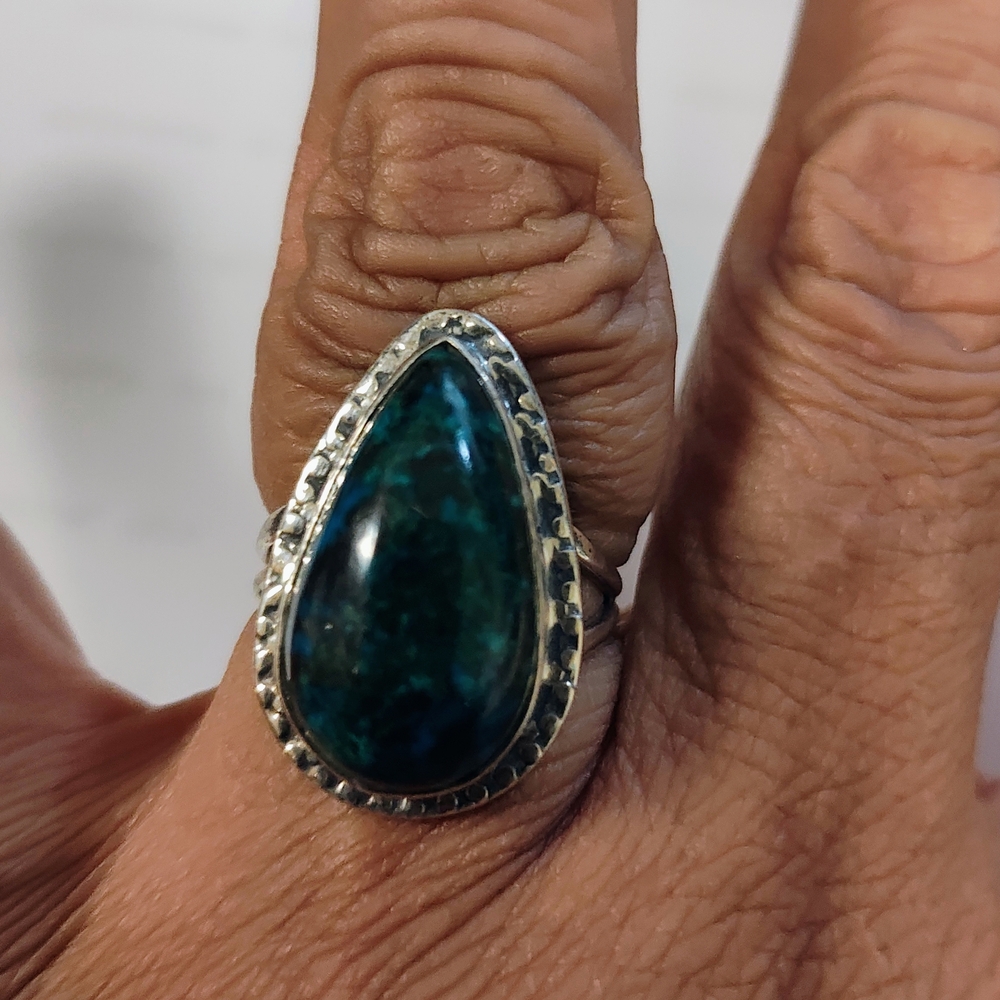 Silver and Green Teardrop Ring